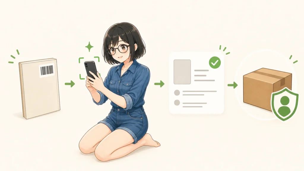 バーコード付きの本をスマホで読み取り、商品情報と匿名配送の準備を進める女性のイラスト