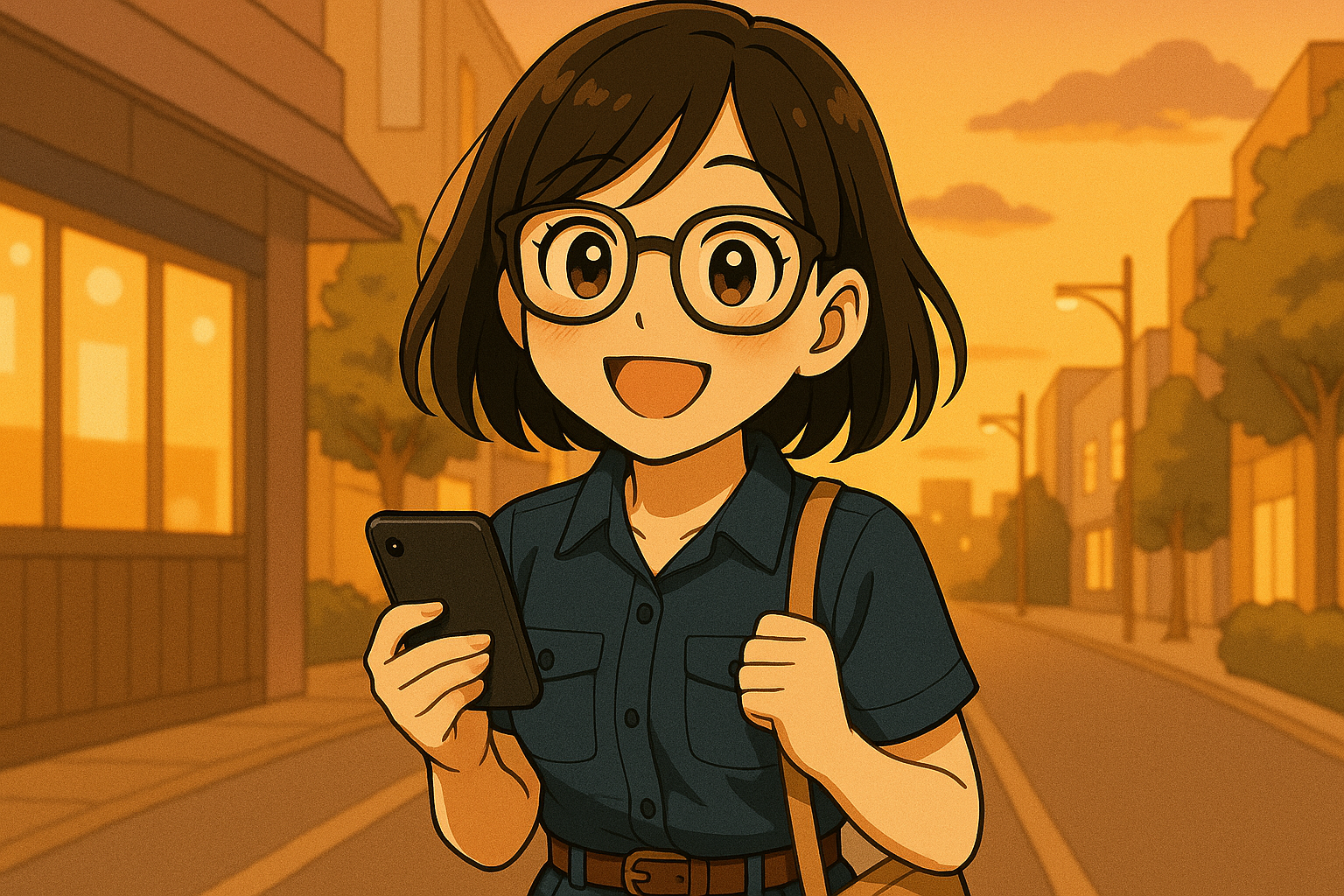 帰り道の歩道で、スマホを見ながらニコニコ微笑むユイ