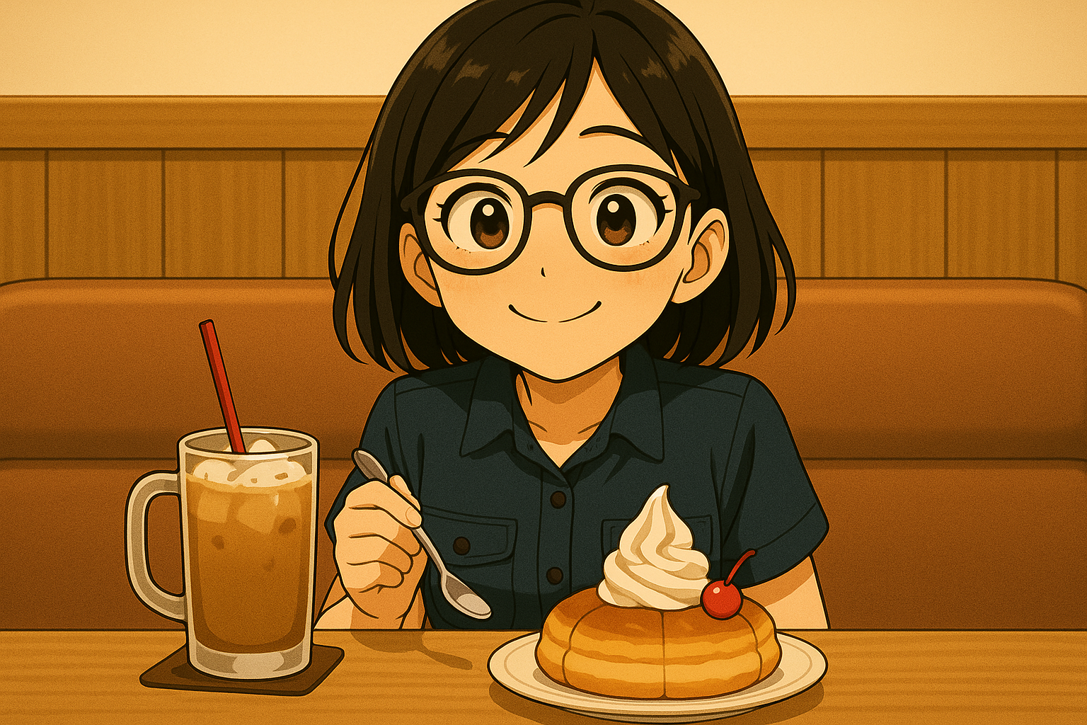 ドリンクとスイーツを前に嬉しそうに微笑んでいるユイ