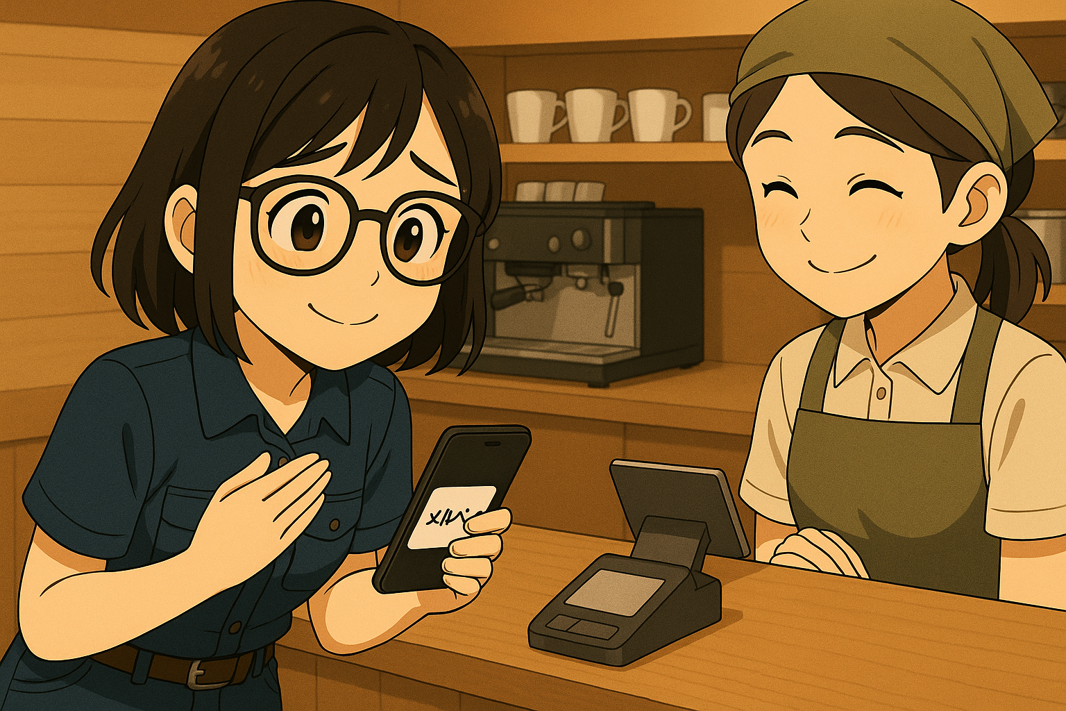 レジカウンターでスマホをかざしてメルペイで支払いをしているユイ