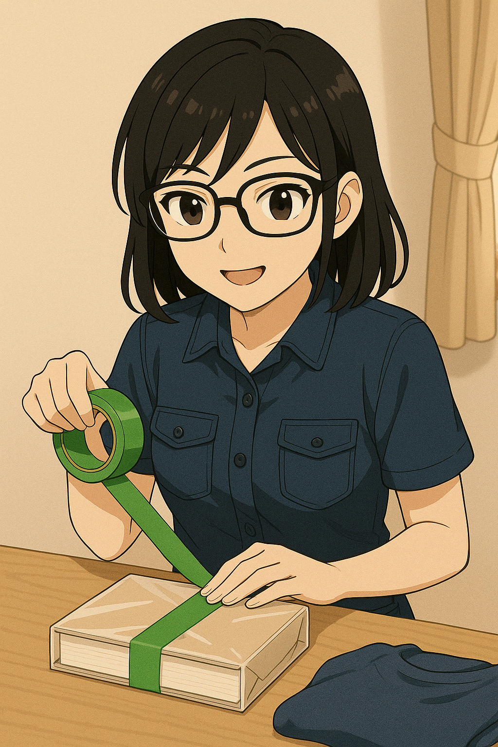養生テープで封をするユイ