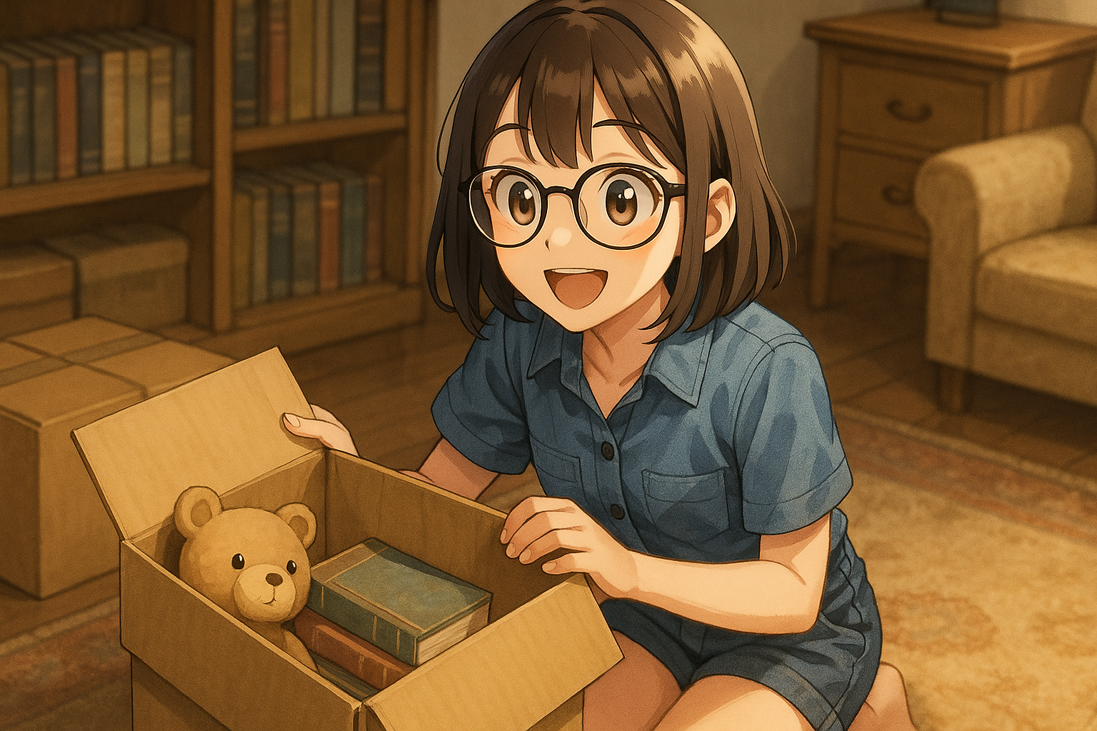 実家の片付け中にダンボールを開けて「あ、懐かしい!」と目を輝かせているユイ