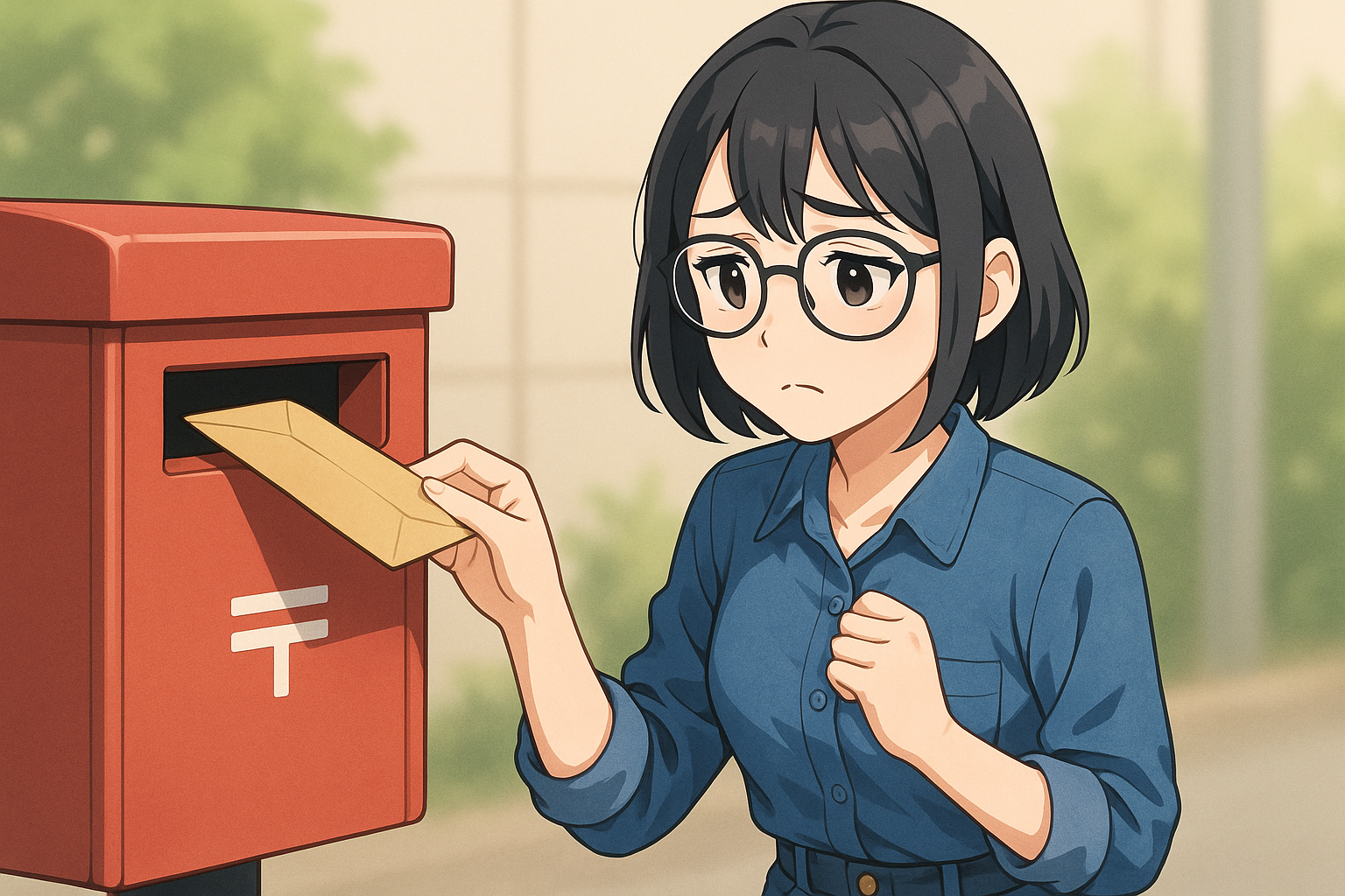 ポストに封筒を投函しながら「届くかな…?」と少し心配そうな表情のユイ
