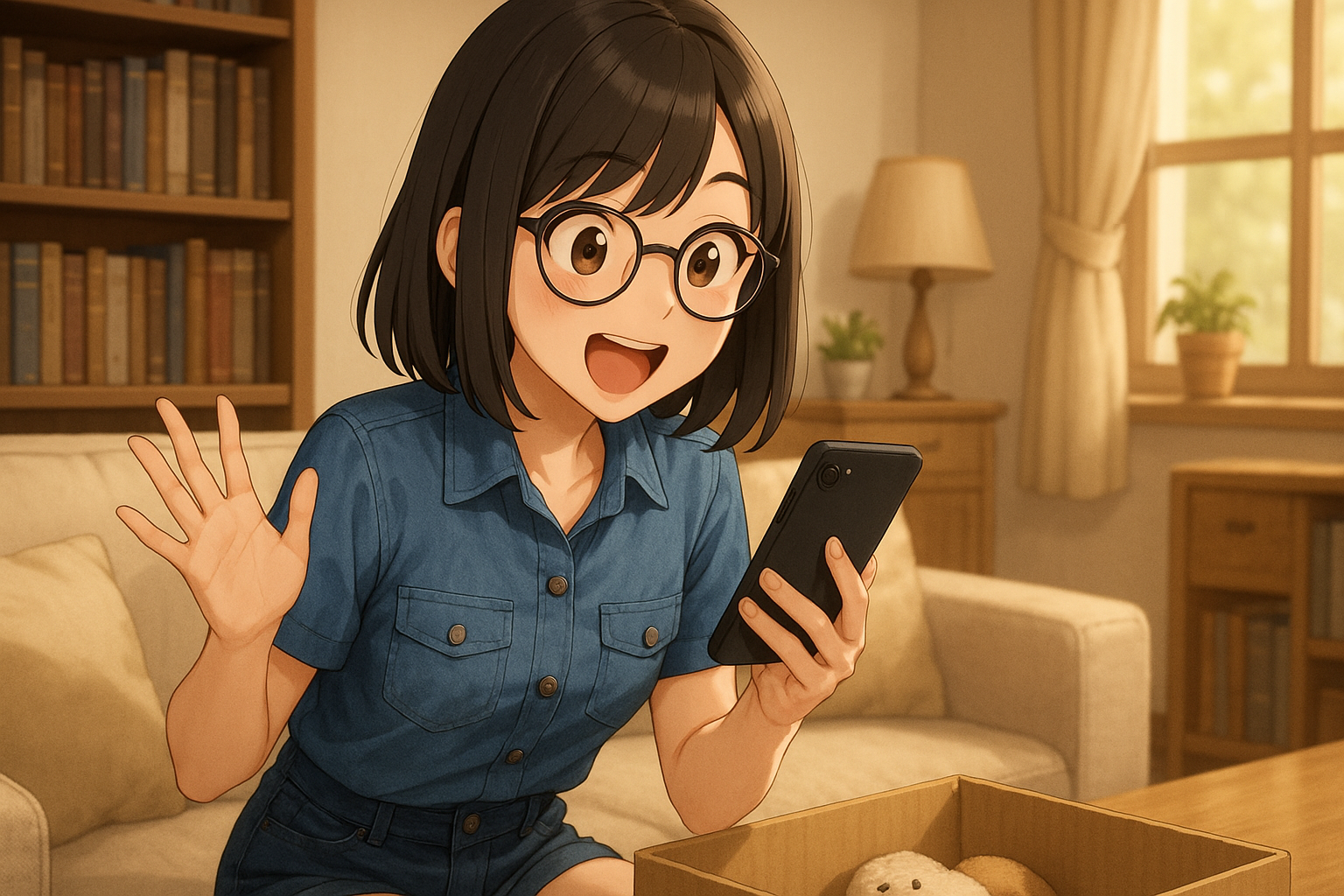 スマホを見ながら「売れた!」と驚きつつ嬉しそうな表情のユイ