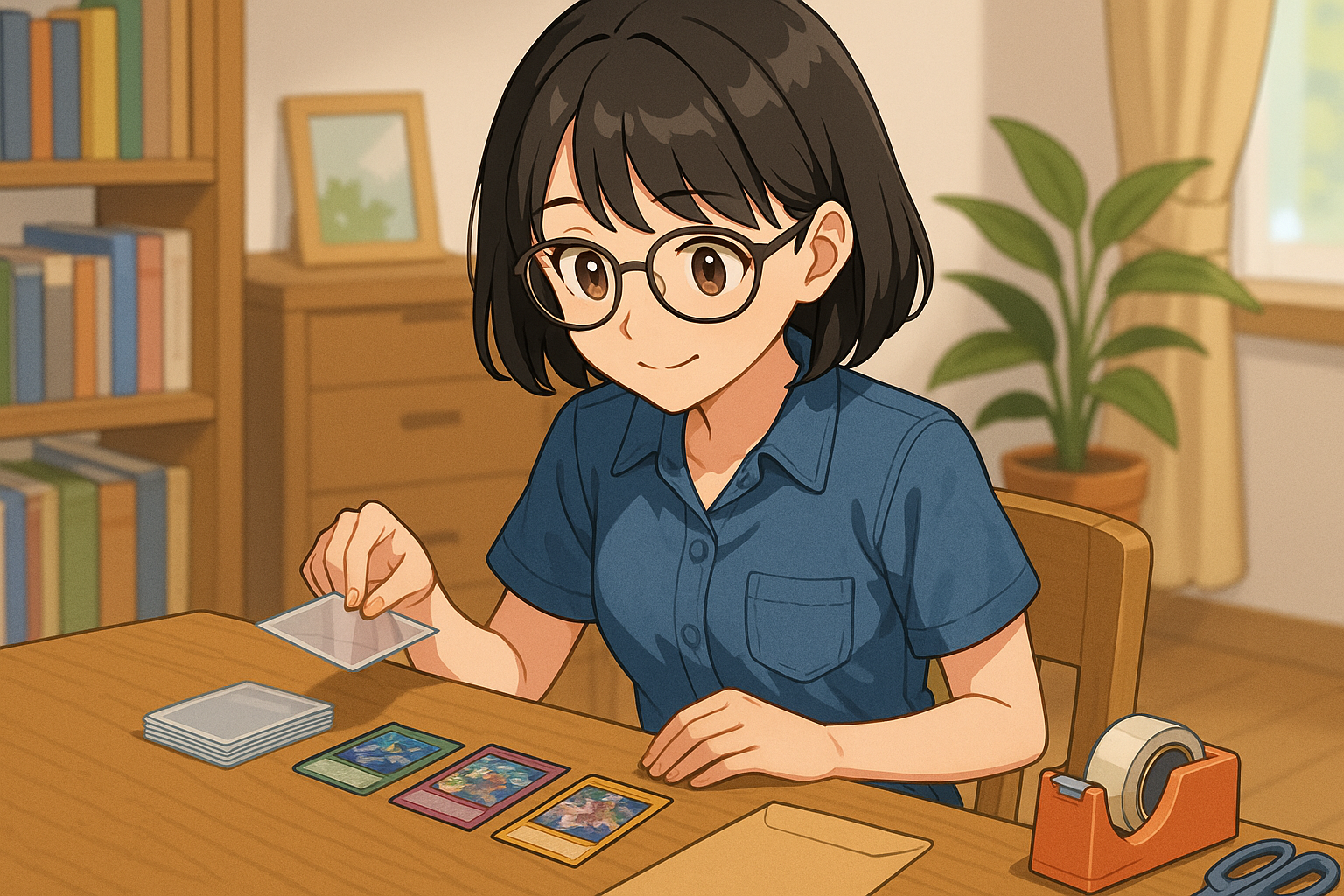 梱包資材(スリーブ、厚紙、テープなど)を机に並べて準備しているユイ