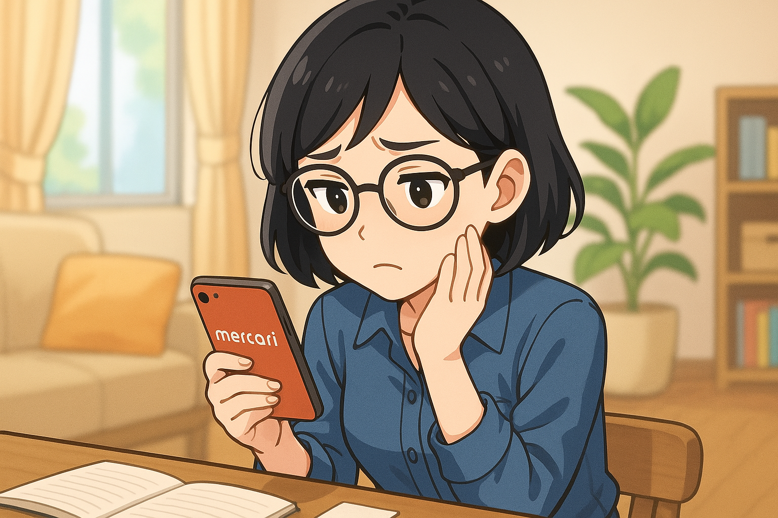 スマホでメルカリを見ながら眉をしかめて悩んでいるユイ