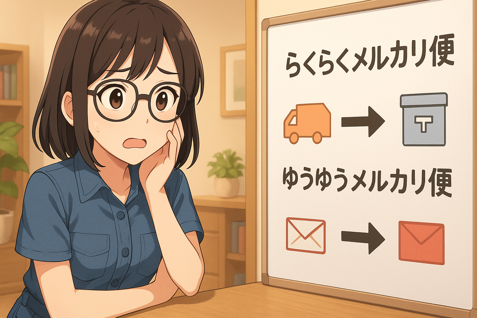 複数の配送オプションを並べたホワイトボードの前で「うーん…どれがいいの!?」と困っているユイ