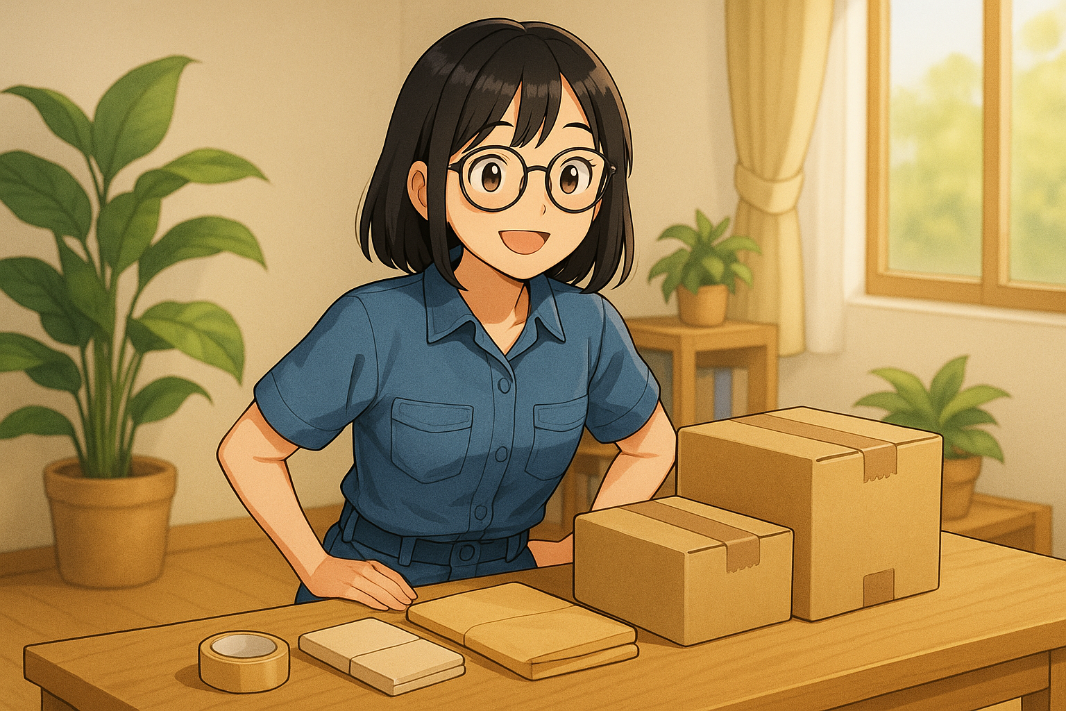 梱包作業を終えて、満足そうに荷物を見ているユイ