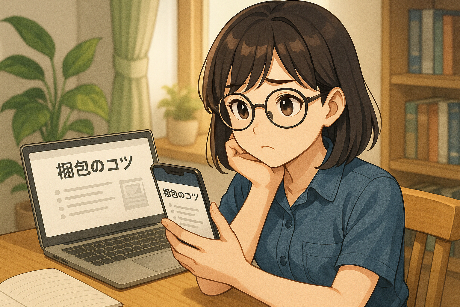 「梱包ってどうすればいいのかな?」 と考えているユイ