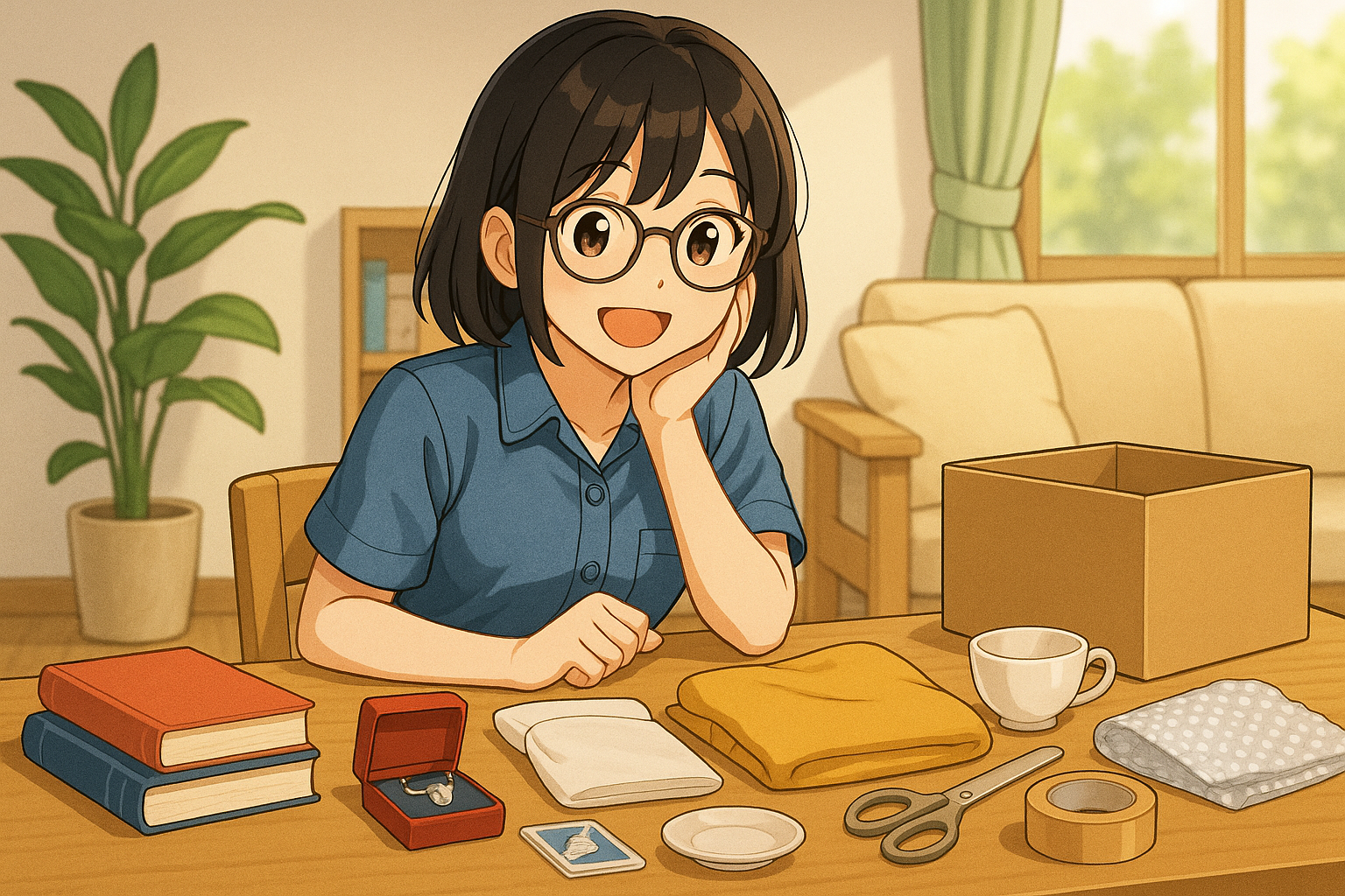 いろんな商品(本、服、アクセサリーなど)を机に並べて、「今日は何から梱包しようかな?」 とワクワク顔のユイ