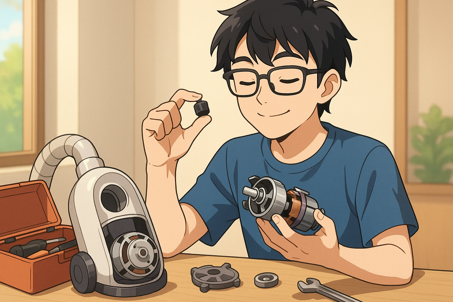 小さい部品を手に取って満足そうにしている人物