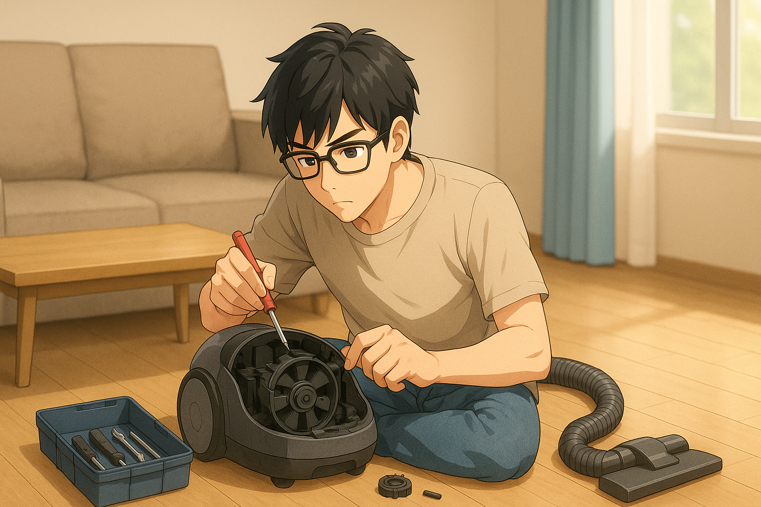 メガネをかけた人が工具を手に掃除機を直している様子