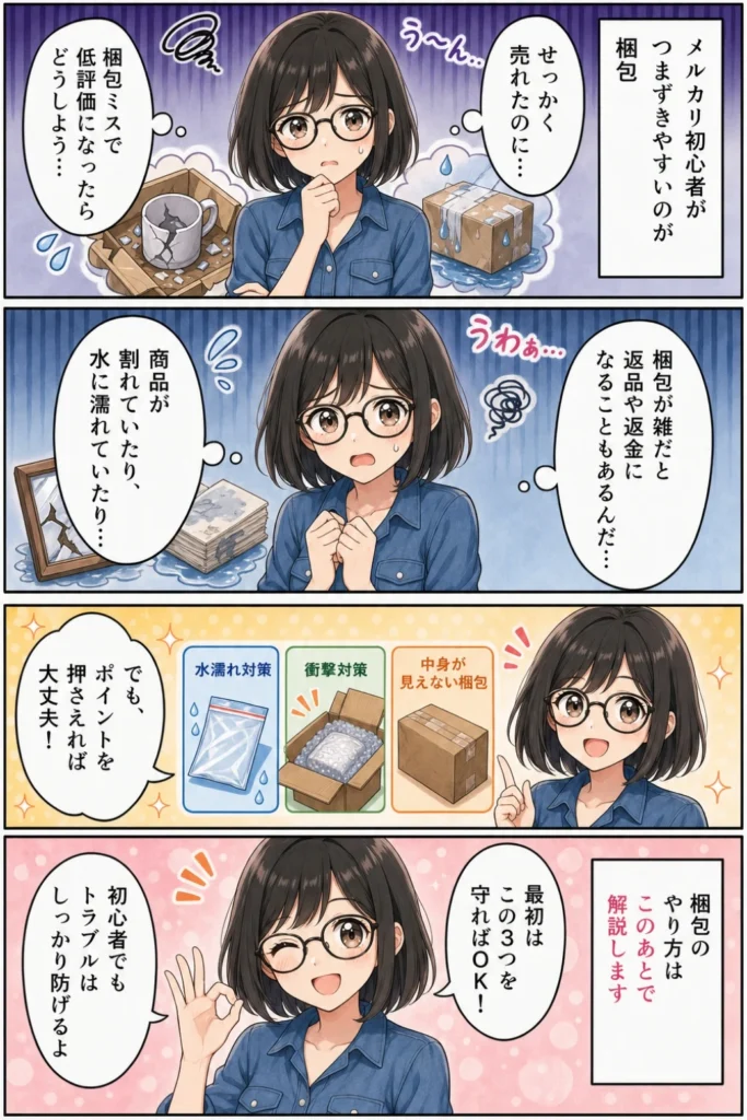 メルカリ初心者向けに水濡れ対策・衝撃対策・中身が見えない梱包を解説する4コマ漫画