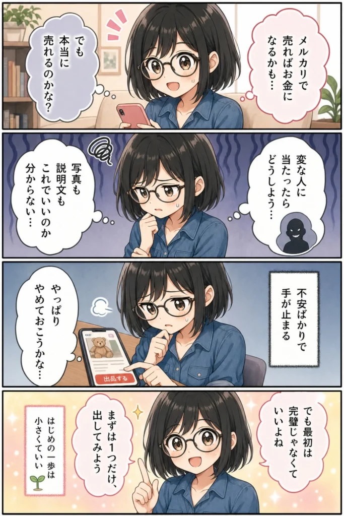 メルカリ初心者向けに初めての出品の不安と始め方を解説する4コマ漫画