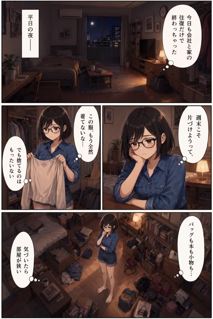 メルカリ初心者ユイが平日の夜に部屋の不用品を見て、片づけと出品に悩む漫画1ページ目