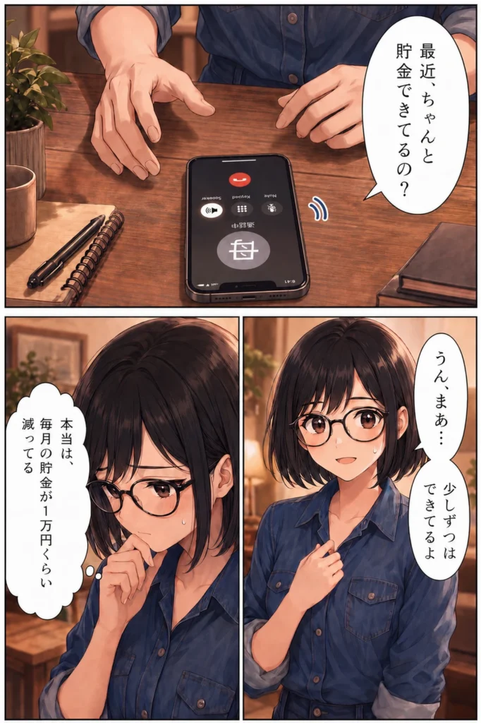 メルカリ初心者ユイが母との電話で貯金の不安を話し、メルカリ出品を考え始める漫画2ページ目