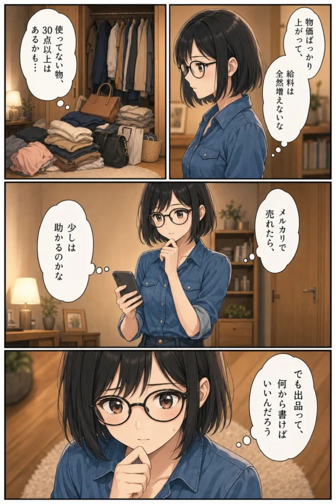 メルカリ初心者ユイが使っていない服やバッグを見て、出品文の書き方に悩む漫画3ページ目
