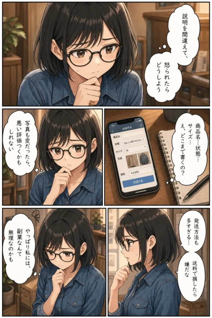 メルカリ初心者ユイが出品画面を前にして、説明文や写真や発送方法への不安で手が止まる漫画4ページ目
