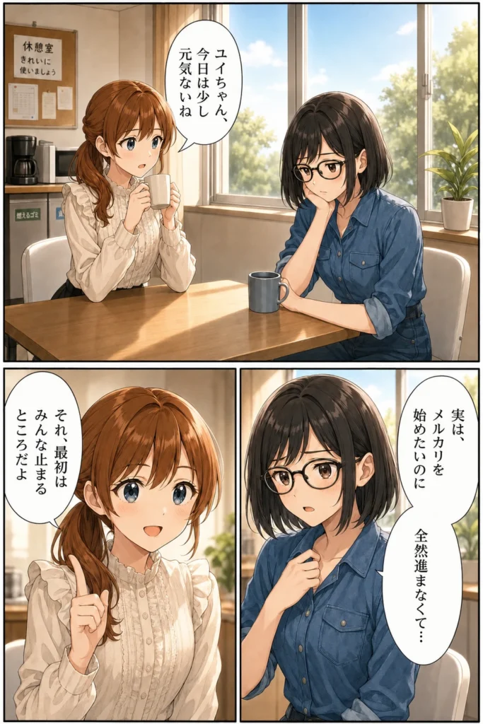 メルカリ初心者ユイが休憩室で先輩ミオに相談し、最初はみんな止まると励まされる漫画5ページ目