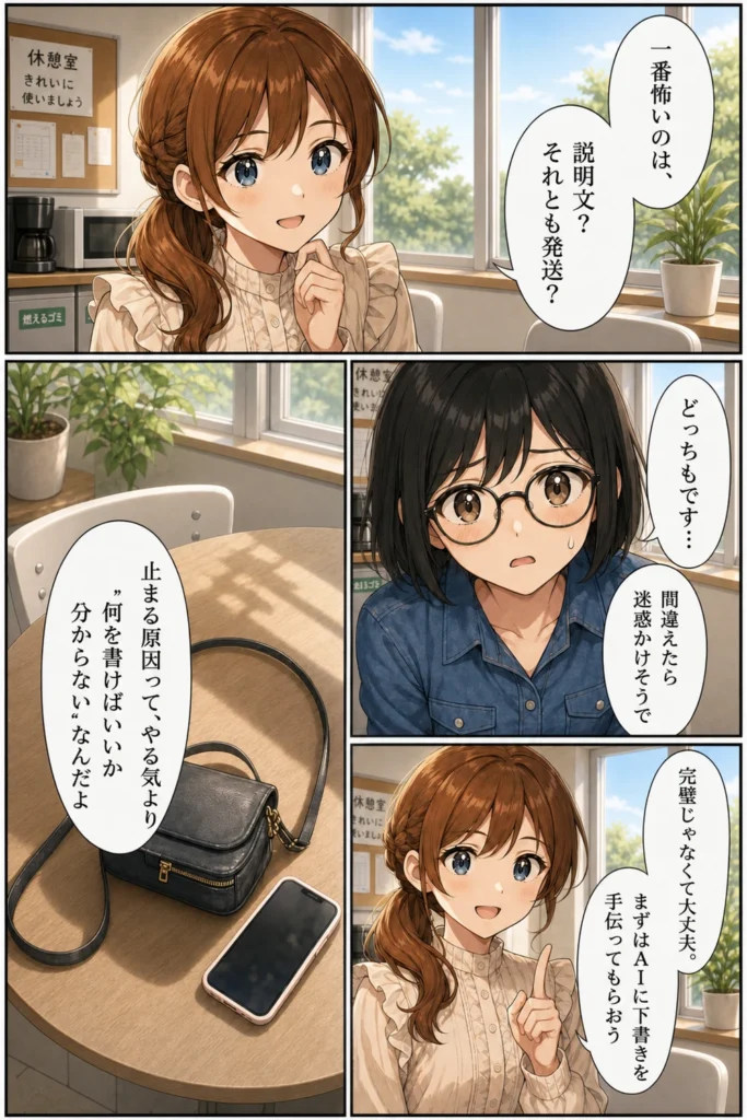 メルカリ初心者ユイが先輩ミオに説明文と発送への不安を相談し、AIで下書きを作る方法を知る漫画6ページ目