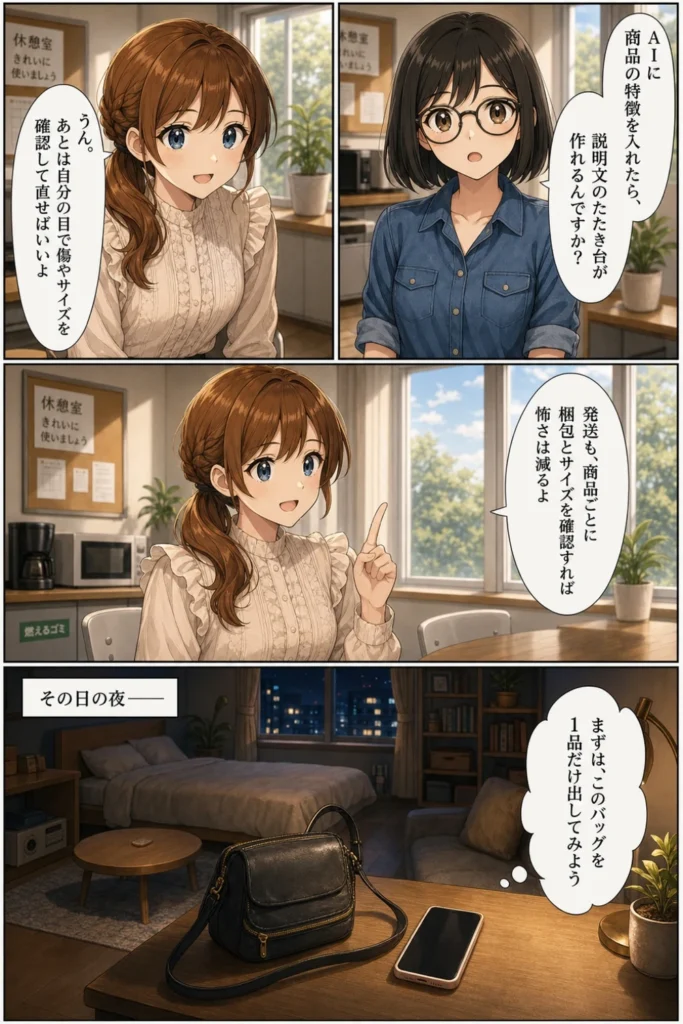 メルカリ初心者ユイが先輩ミオからAI活用の助言を受け、最初のバッグを1品だけ出品しようと決める漫画7ページ目