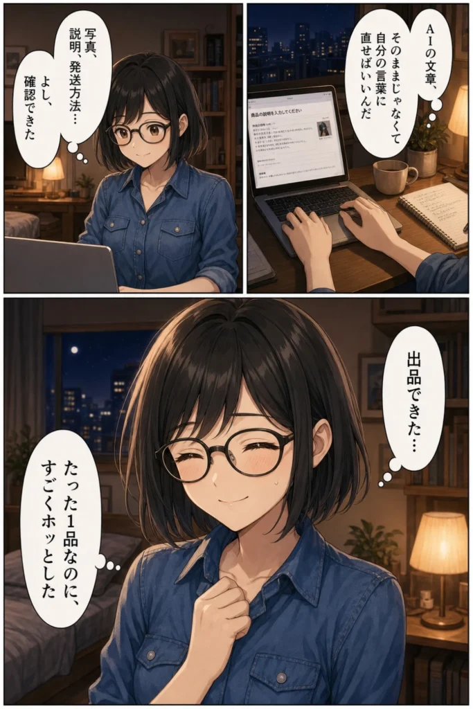メルカリ初心者ユイがAIの文章を自分の言葉に直し、写真や発送方法を確認して最初の1品を出品する漫画8ページ目