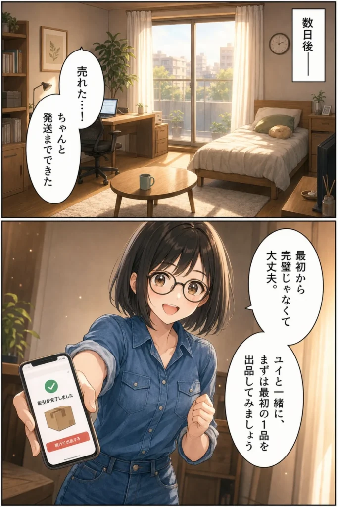 メルカリ初心者ユイの最初の出品が売れて発送まで完了し、最初から完璧じゃなくて大丈夫だと伝える漫画9ページ目