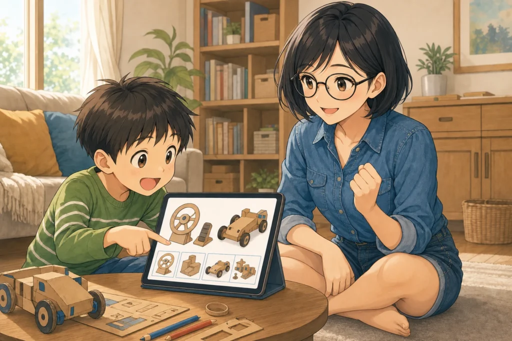 子どもがタブレットで段ボール製の乗り物工作キットを指さし、女性が笑顔で見守る様子