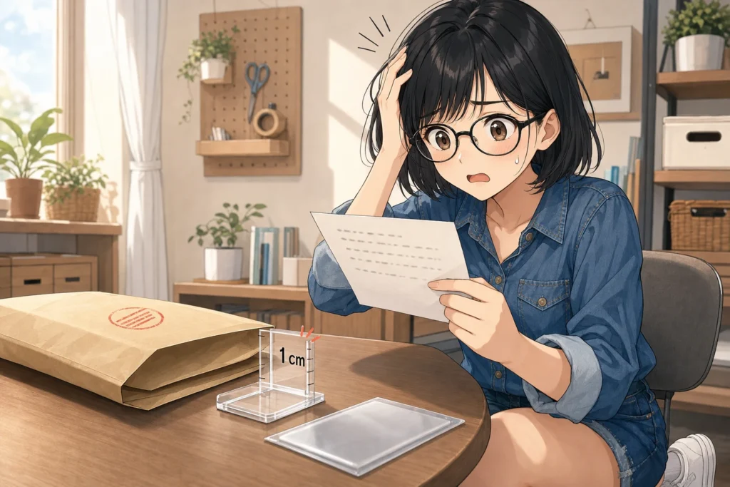 返送された厚い封筒と1cmゲージを見て、焦る女性のイラスト