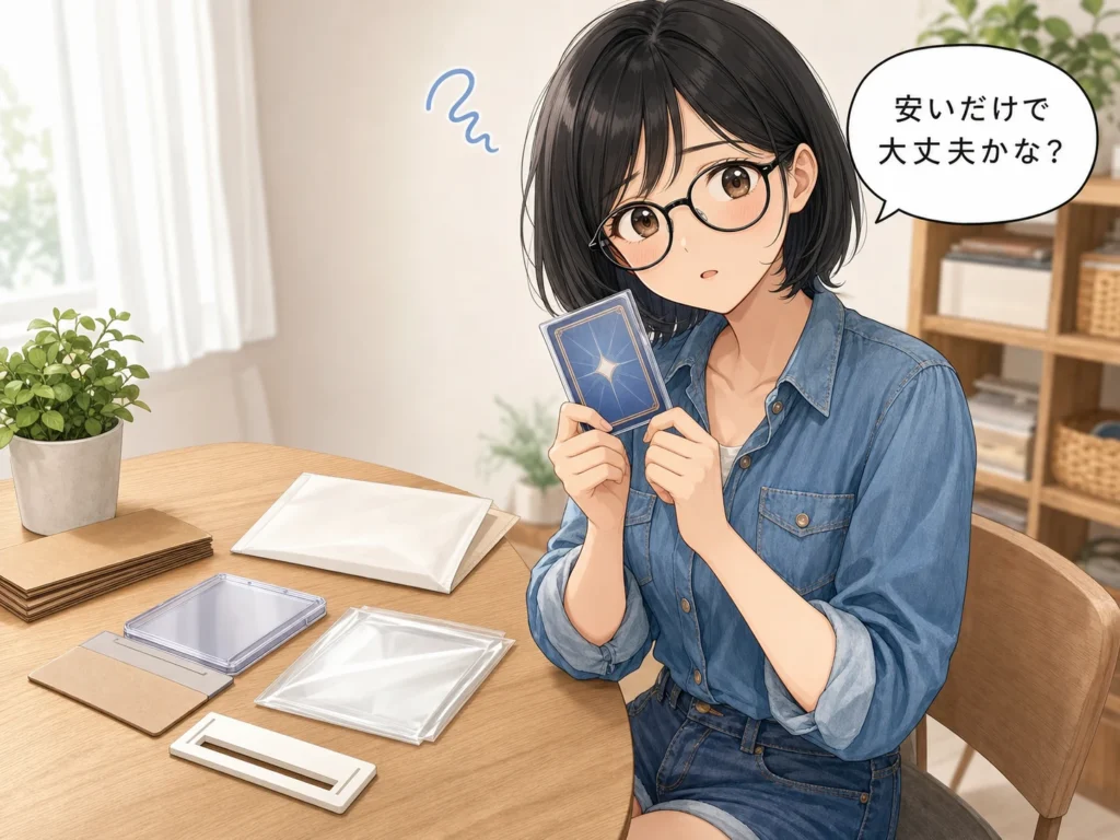 安い配送方法だけで大丈夫か不安そうに、トレカを持つ女性のイラスト