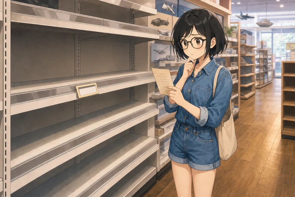 売り切れたおもちゃ売り場の空の棚を前に、メモを見て困る女性のイラスト
