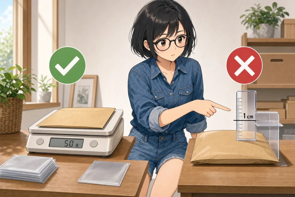 重さは50g以内でも、厚みが1cmを超えると送れないことを示す女性のイラスト