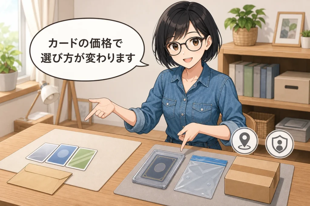 低価格帯と高価格帯のトレカを分け、カードの価格に合わせて配送方法を選ぶ女性のイラスト