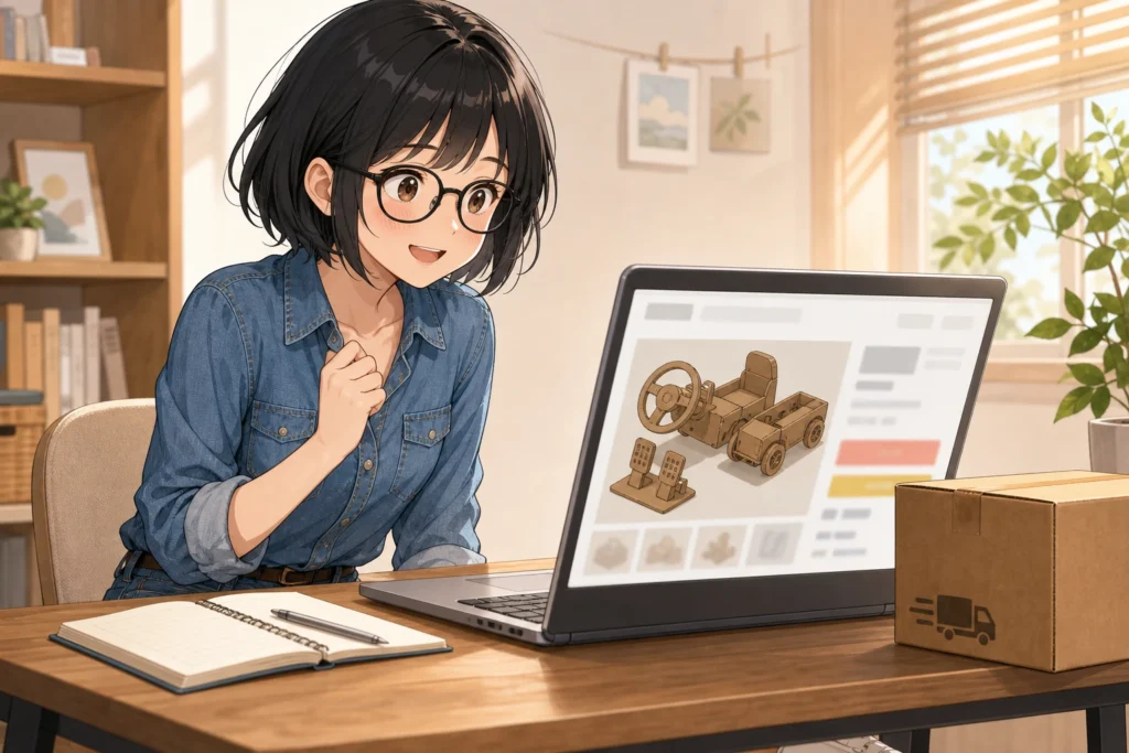 中古の乗り物工作キットの出品を見つけて、ノートパソコンの前で笑顔になる女性のイラスト
