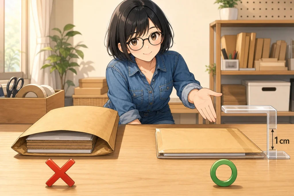 両面補強で厚くなった梱包と、片面補強で1cm以内に収まった梱包を比べる女性のイラスト