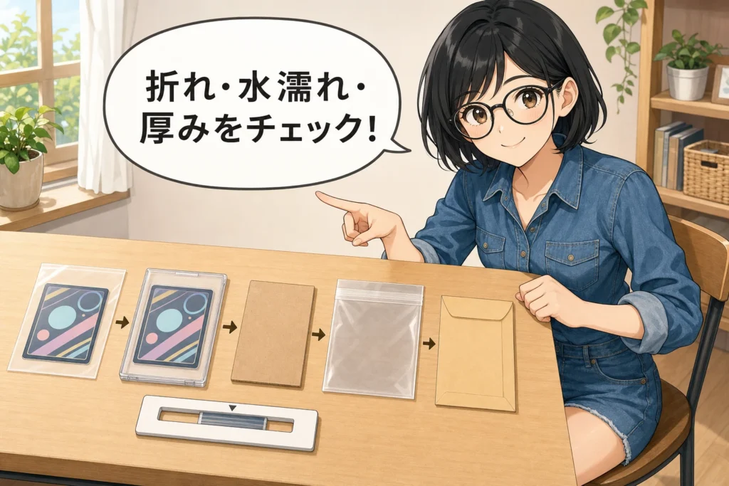 スリーブ、硬質ケース、防水袋、厚み確認用の定規を並べ、トレカの折れ・水濡れ・厚みを確認する女性のイラスト