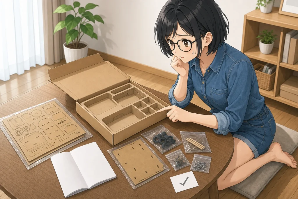 未組立の工作キットの梱包トレーにある空の部品スペースを見つけて焦る女性のイラスト