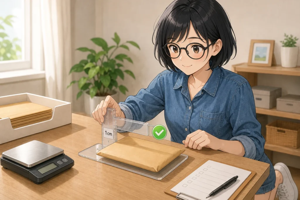 発送前に梱包したトレカの厚みが1cm以内か確認し、安心する女性のイラスト