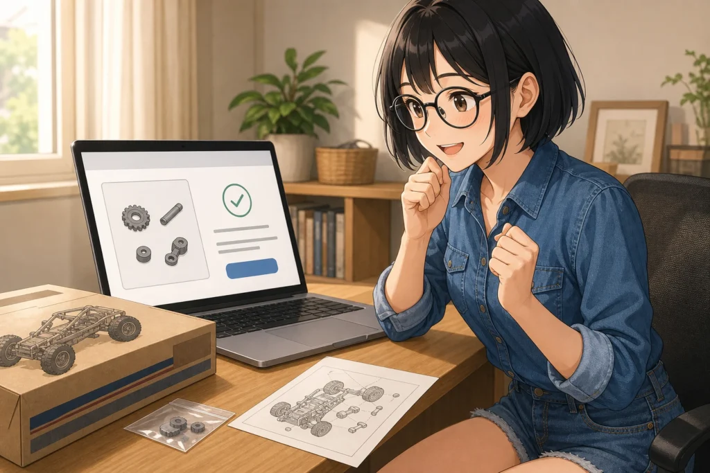 公式サポートサイトで不足部品を購入できると分かり、安心してほほ笑む女性のイラスト