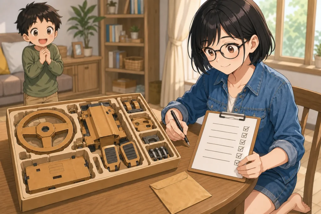 梱包トレーの小さな部品まで確認する女性と、完成を楽しみにする子ども