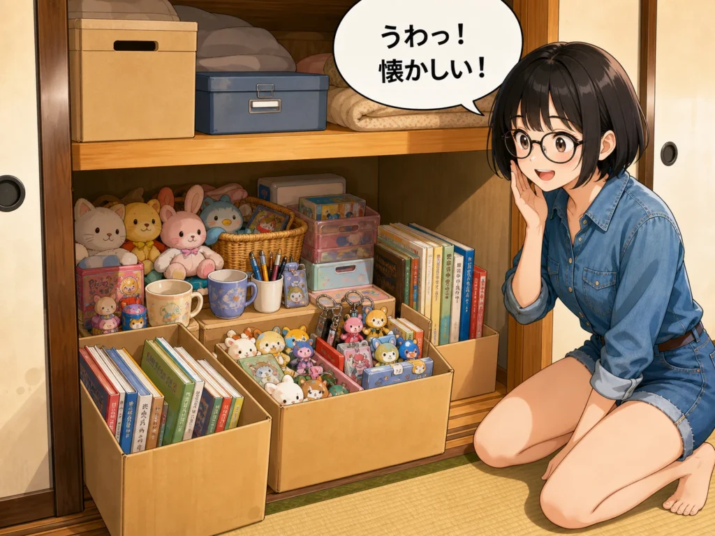 実家の押し入れからぬいぐるみや雑貨を見つけて「うわっ！懐かしい！」と喜ぶ女性のイラスト