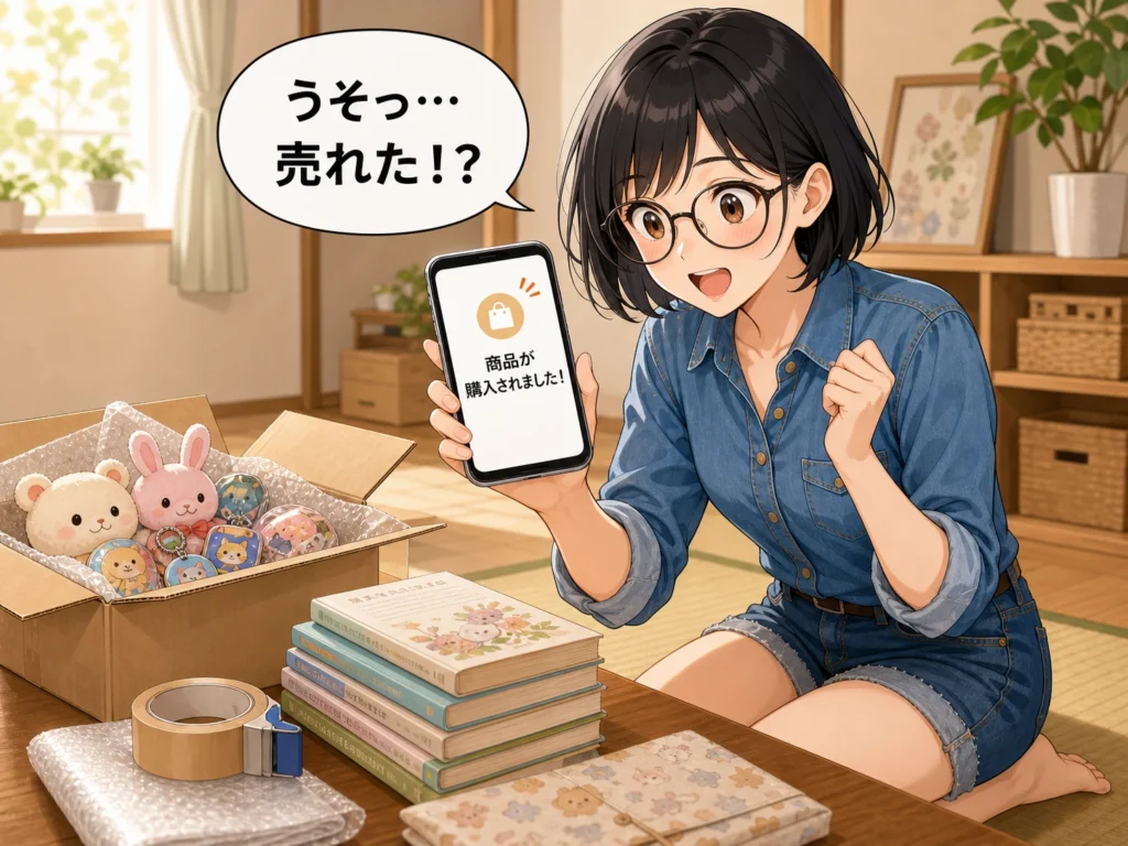 スマホの「商品が購入されました」通知を見て「うそっ…売れた！？」と驚き喜ぶ女性のイラスト