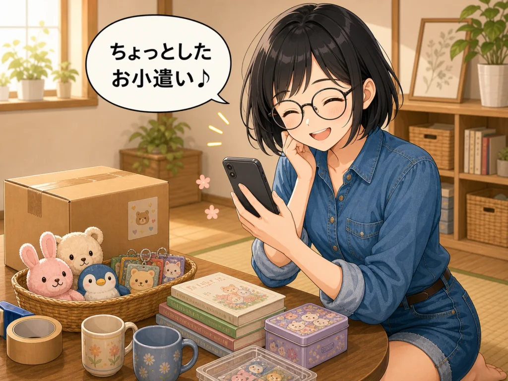 メルカリの売上をスマホで確認して「ちょっとしたお小遣い」と微笑む女性のイラスト