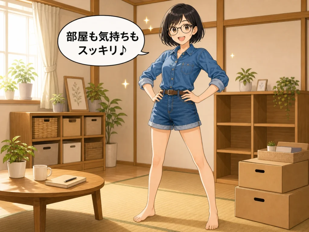 片付いた部屋で「部屋も気持ちもスッキリ」と満足そうに笑顔を見せる女性のイラスト