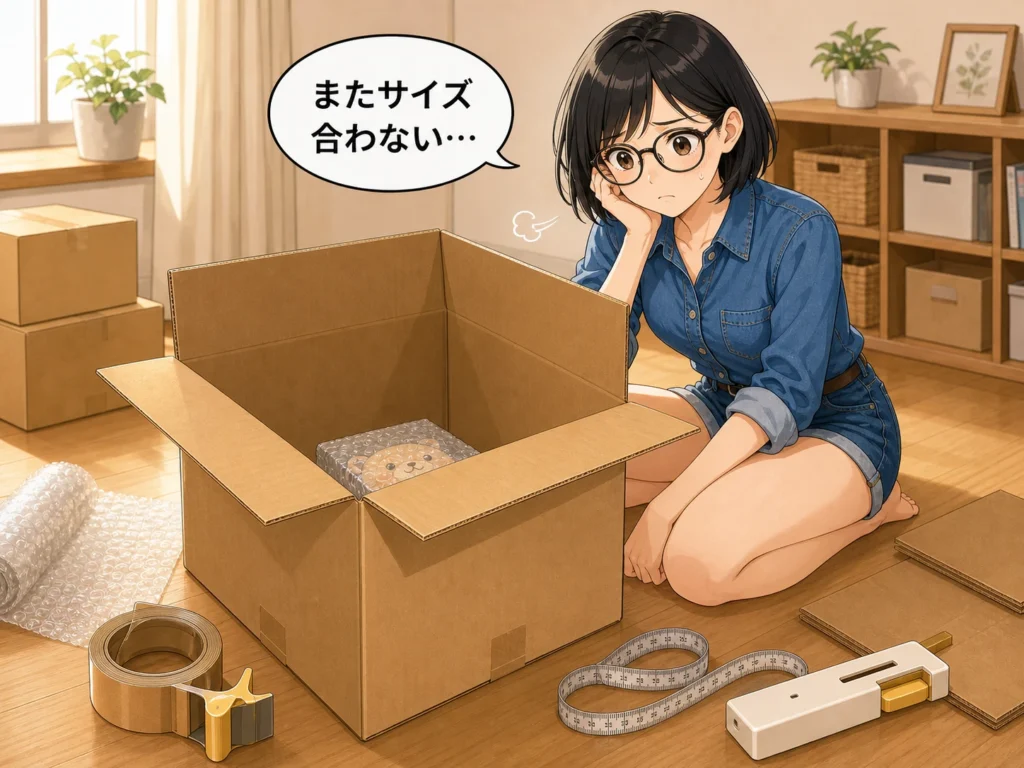 売れた商品をダンボールに梱包するが「またサイズが合わない」と悩む女性のイラスト