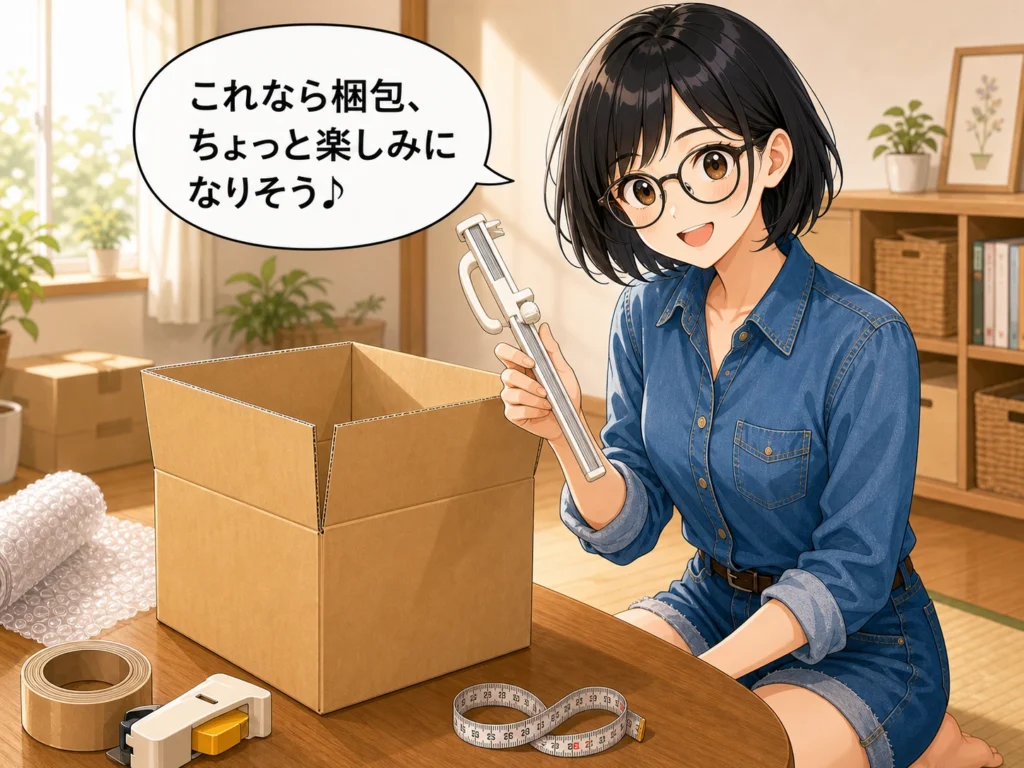 箱切り名人を片手に持ち「これなら梱包、ちょっと楽しみになりそう」とほほ笑む女性のイラスト