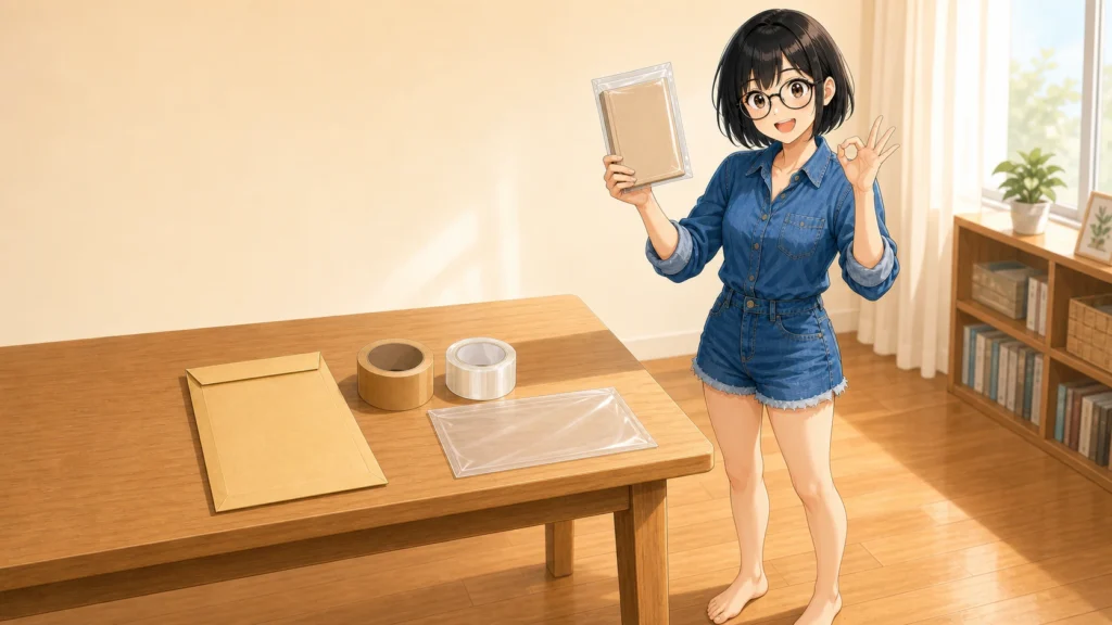 防水梱包した本を持ち、裸足でOKサインをする女性。机にはクラフト封筒とテープ、クリアポケットが並ぶ