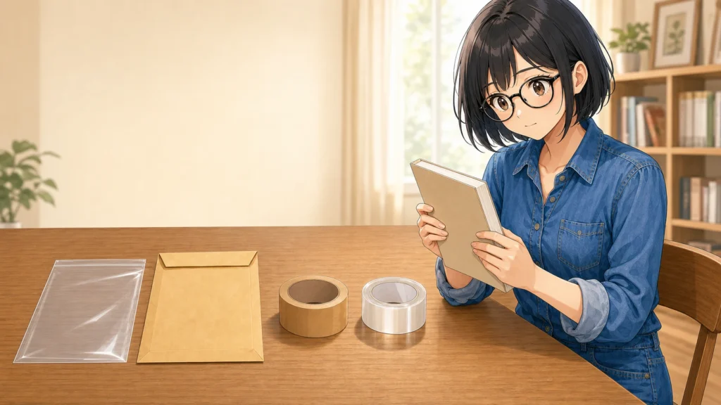 机に並んだクリアポケット、クラフト封筒、養生テープ、OPPテープと、梱包前の本を持つ女性のイラスト