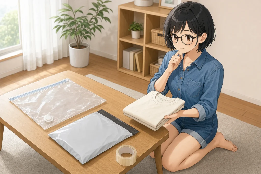 圧縮袋と配送用ビニールバッグを前に、衣類の梱包方法を考える女性のイラスト