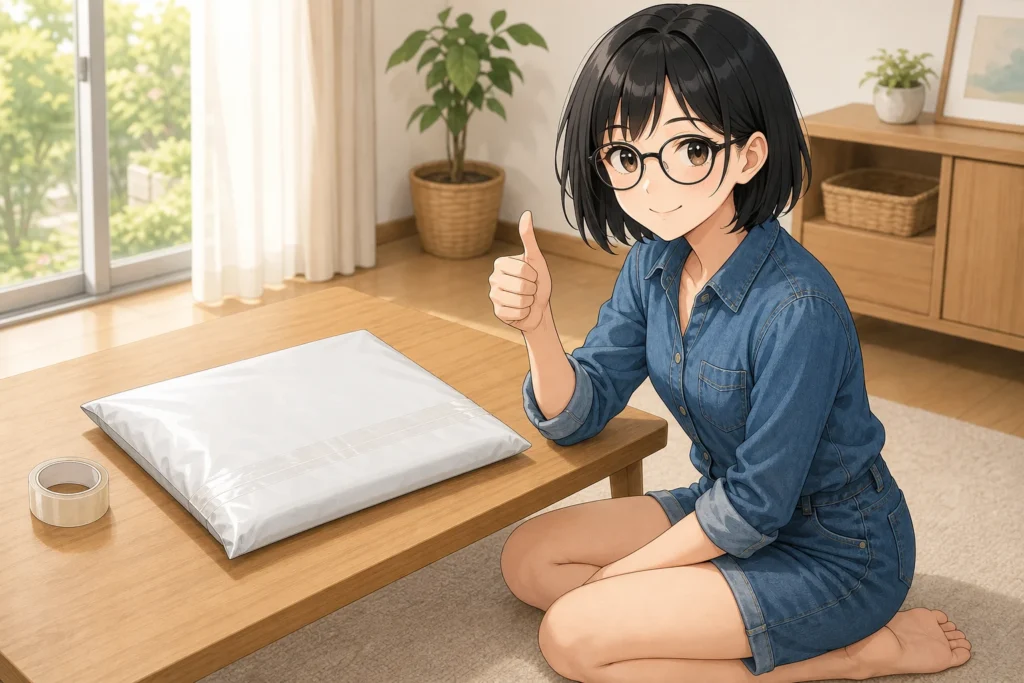 圧縮して配送用ビニールバッグに入れた衣類の梱包を終え、親指を立てる女性のイラスト